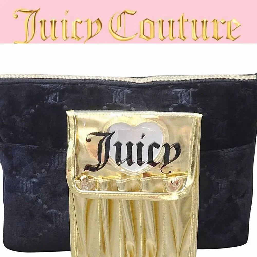 Juicy Couture JC Logo Velour Cosmetic Bag w/Detachable Brush Holder/Heart Mirror